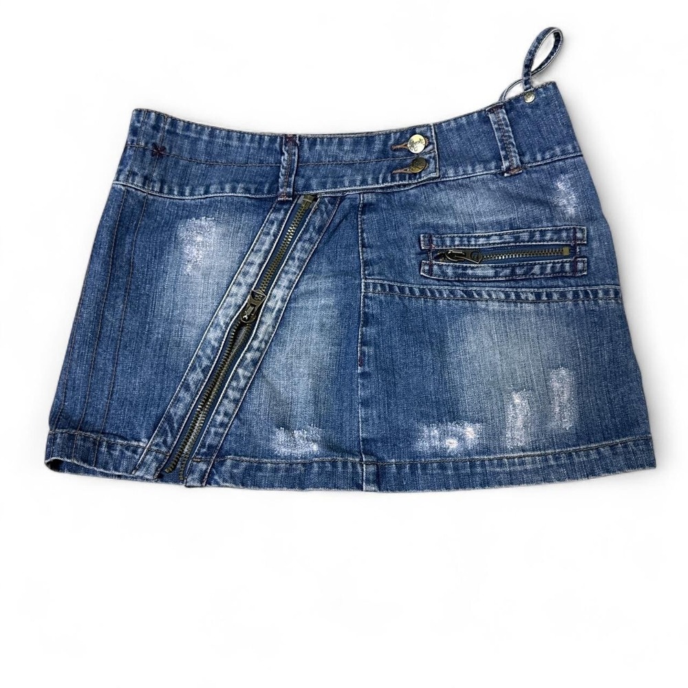 Bloom Distressed Denim Mini Skirt – Y2K Low Rise Asymmetrical Zip, Size 44 (M/8)